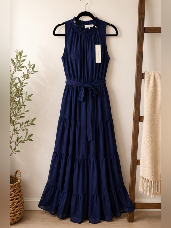 Pinch Dresses & Skirts - PINCH NWT Navy Tiered Maxi Dress Mock Neck Sleeveless Tie Waist Size L